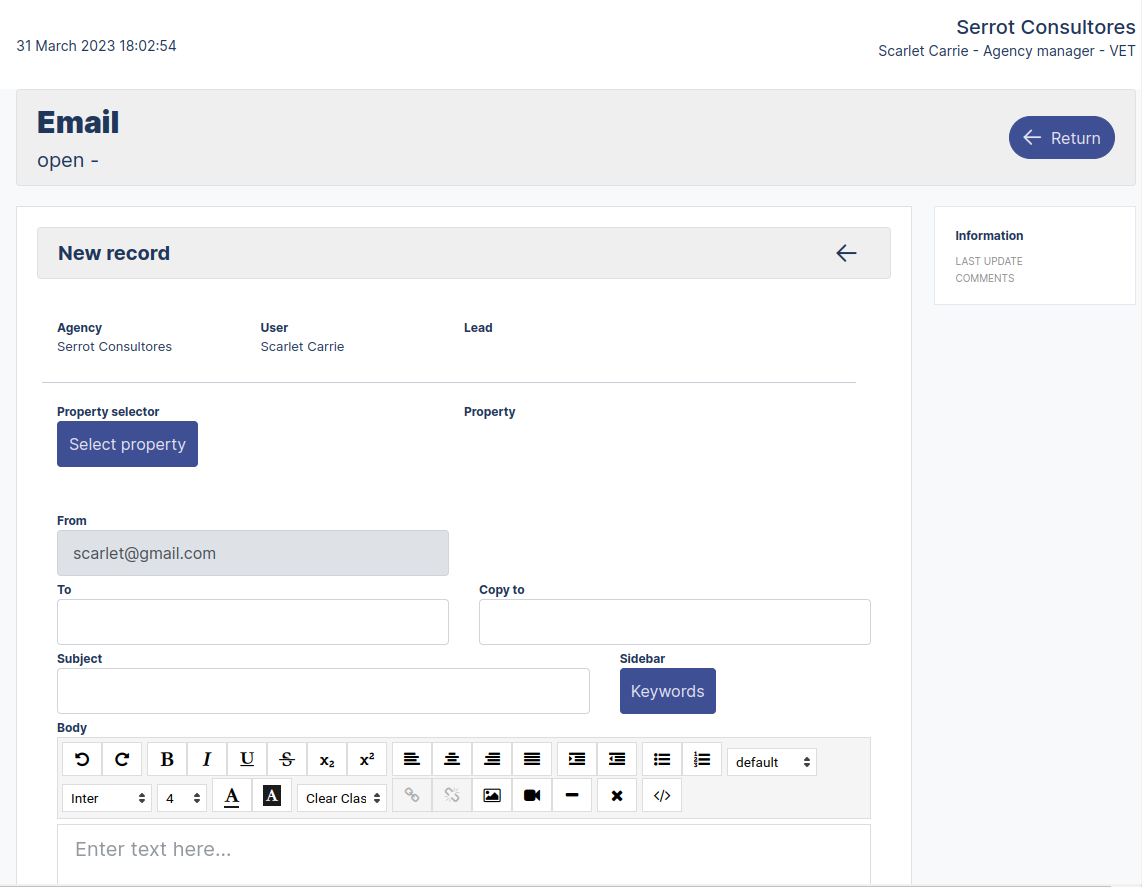 New email Form register New Lead