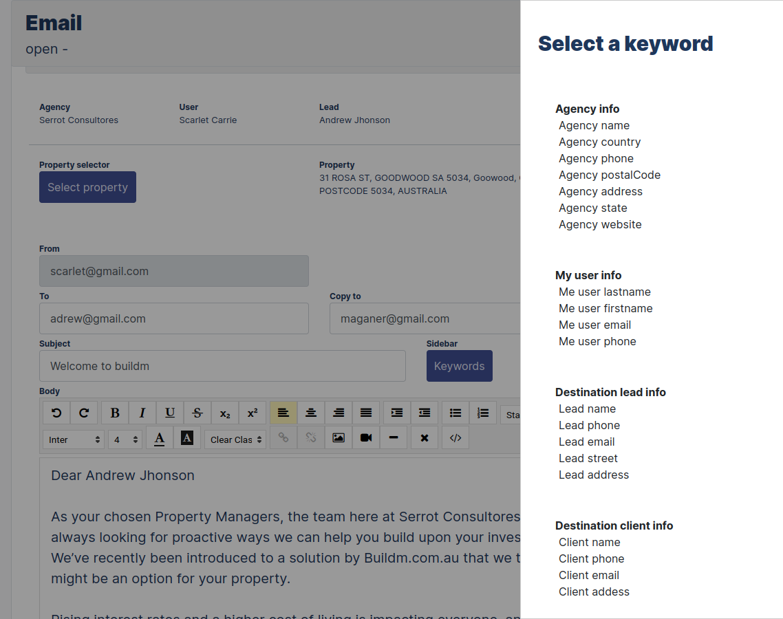 New email Form register New Lead
