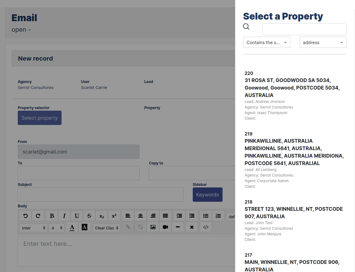 New email Form register New Lead