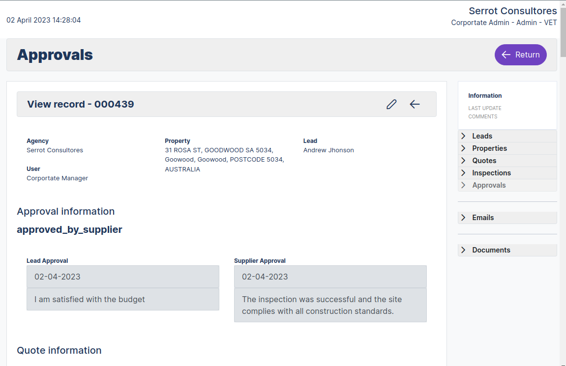 Approvals AQuotes modules