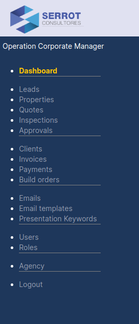 Agency Manager User Menu Corporate manager User Menu