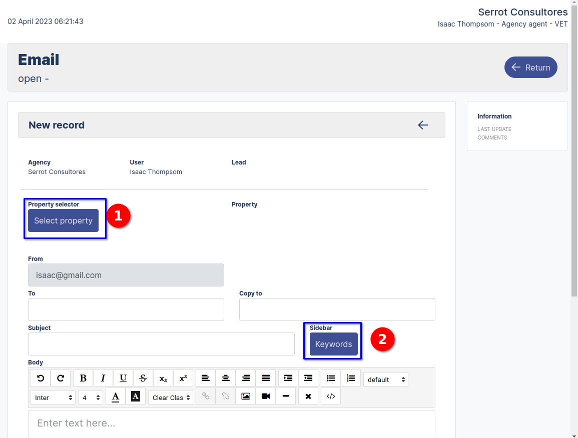 New email Form register New Lead